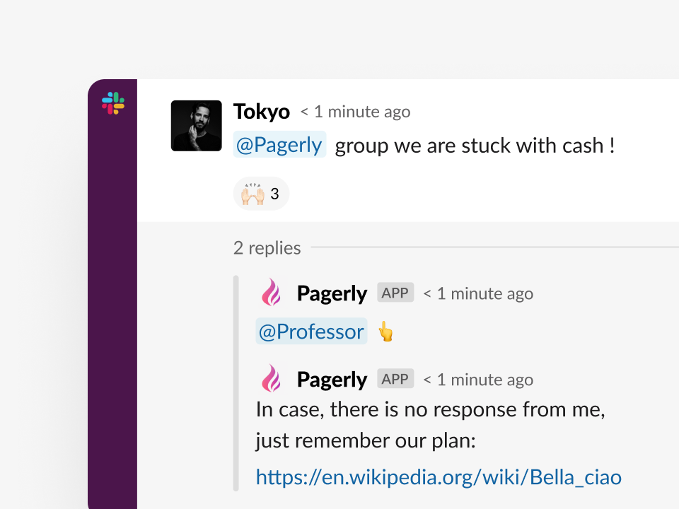 Pagerly showing the current on-call engineer in Slack
