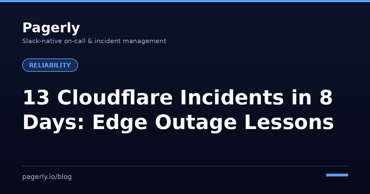 Pagerly cover graphic titled 13 Cloudflare Incidents in 8 Days Edge Outage Lessons