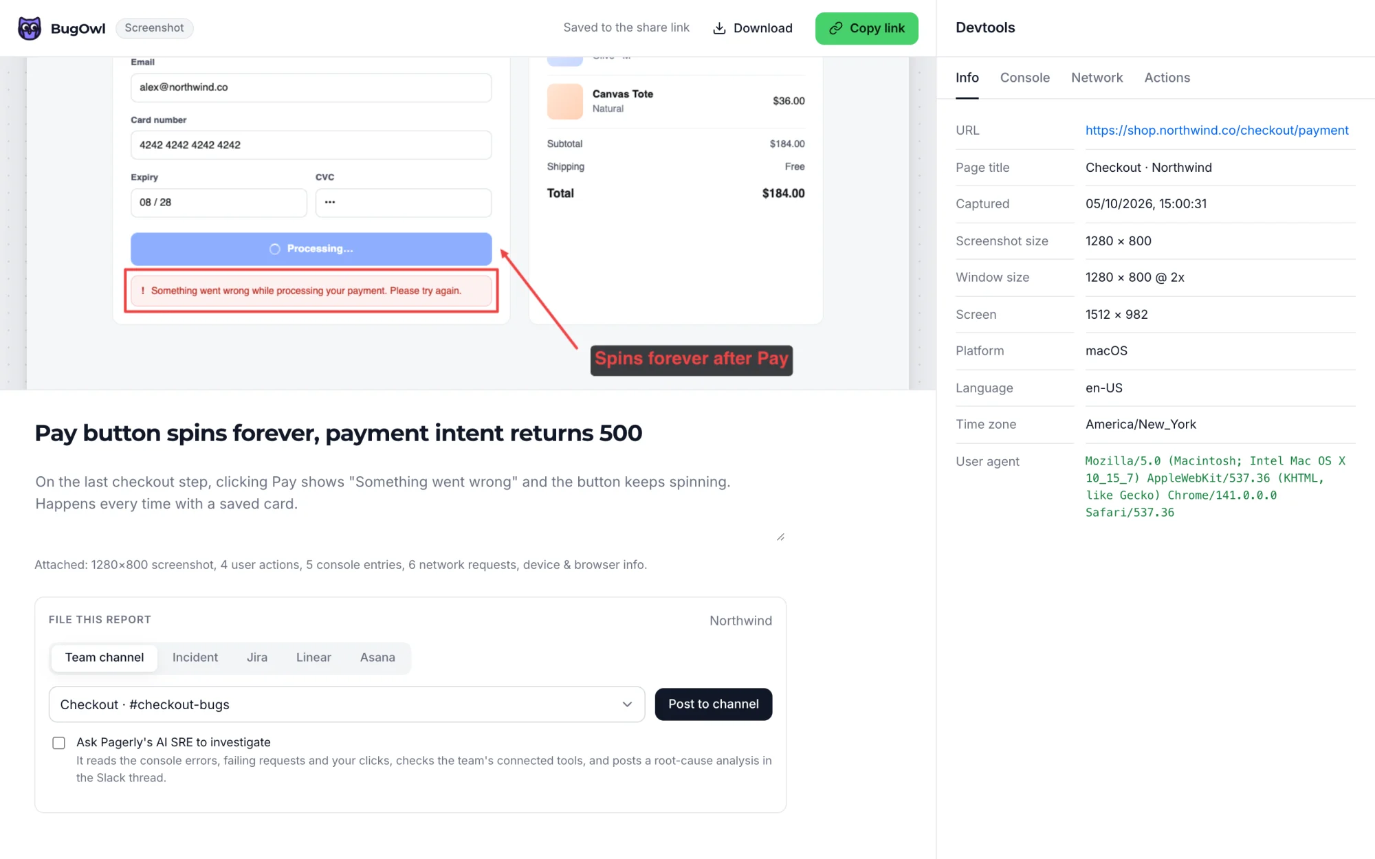 BugOwl filing panel with Team channel, Incident, Jira, Linear and Asana destinations