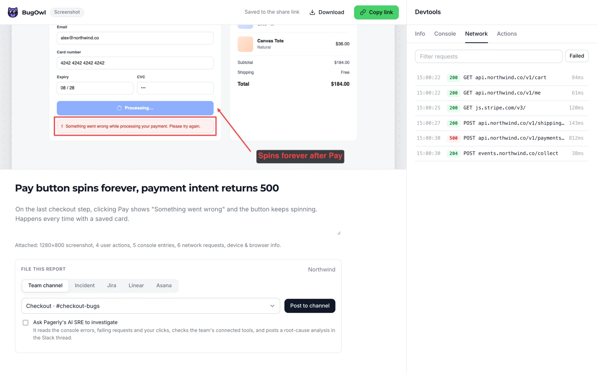 BugOwl editor with the Network tab open, showing a failed payment request
