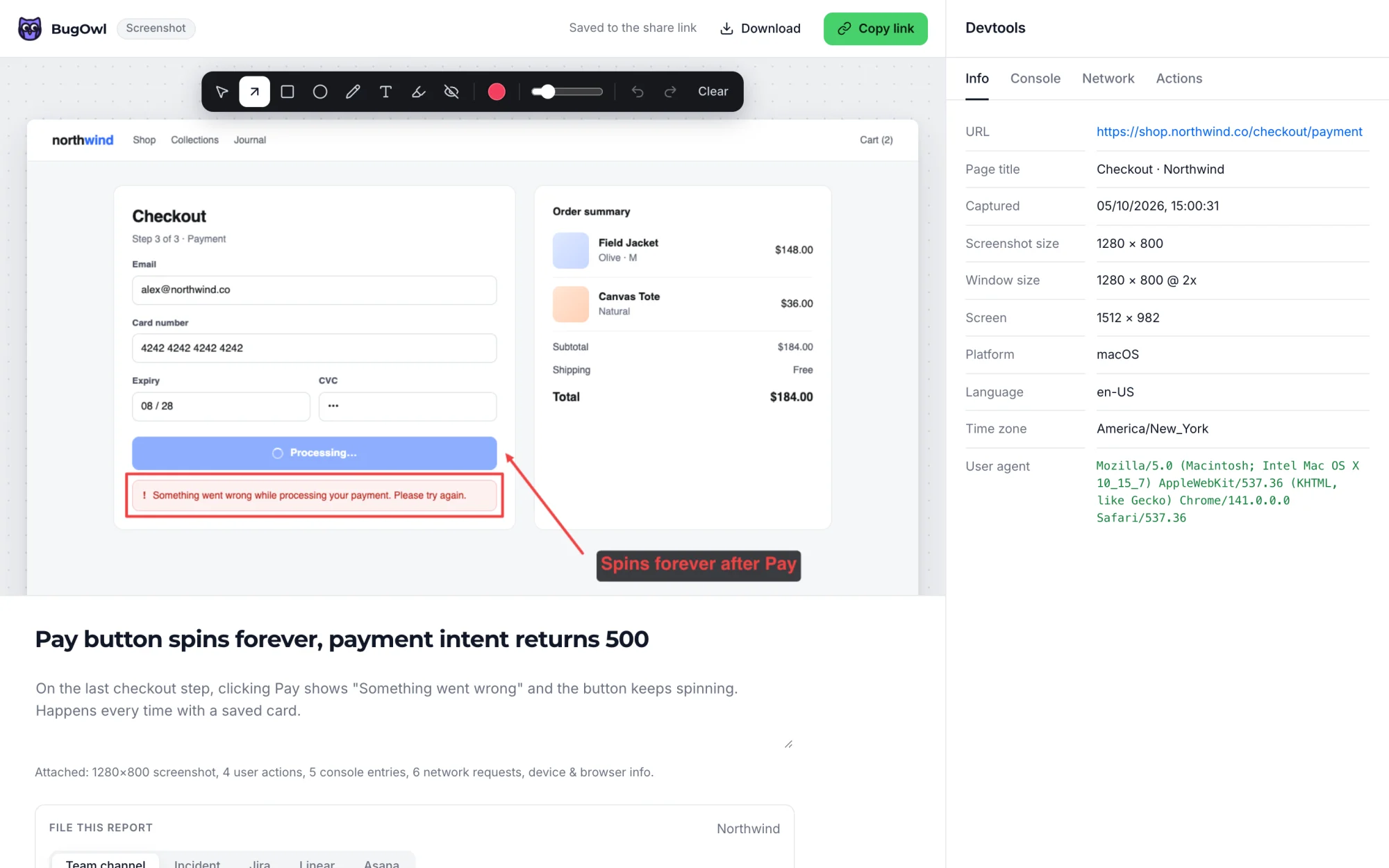 The BugOwl editor: an annotated screenshot of a failing checkout, with devtools details beside it