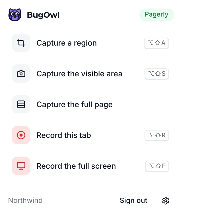 The BugOwl popup: capture a region, the visible area or the full page, record the tab or the full screen