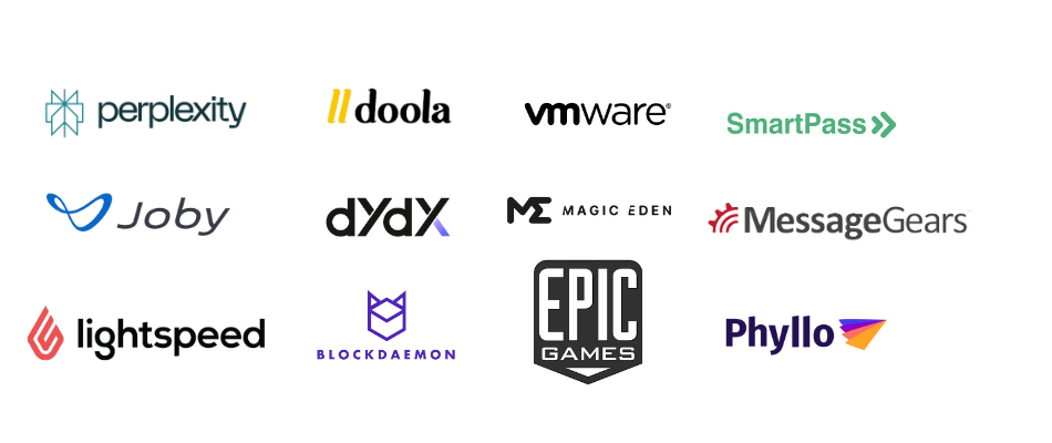 Logos of Pagerly customers: Perplexity, doola, VMware, SmartPass, Joby, dYdX, Magic Eden, MessageGears, Lightspeed, Blockdaemon, Epic Games and Phyllo